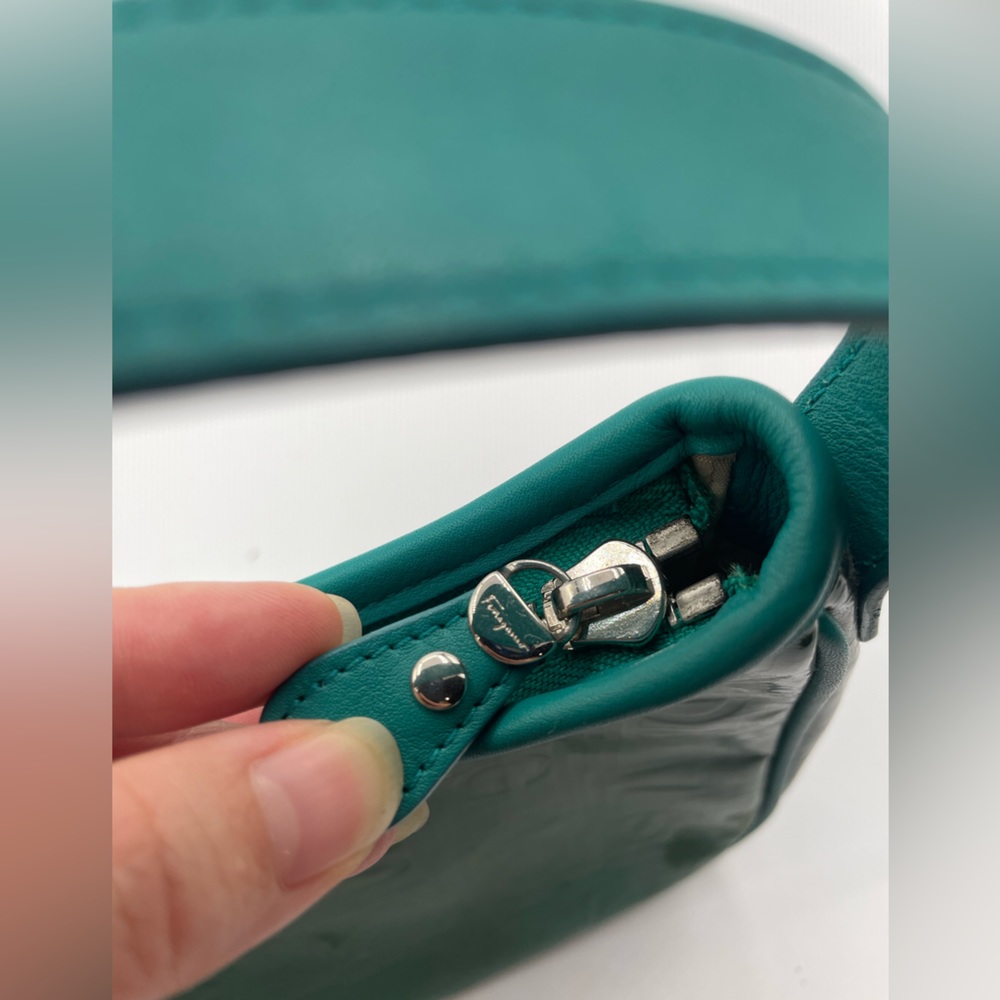 SOLD Authentic HTF Ferragamo turquoise leather trim pouchette - Picture 8 of 11